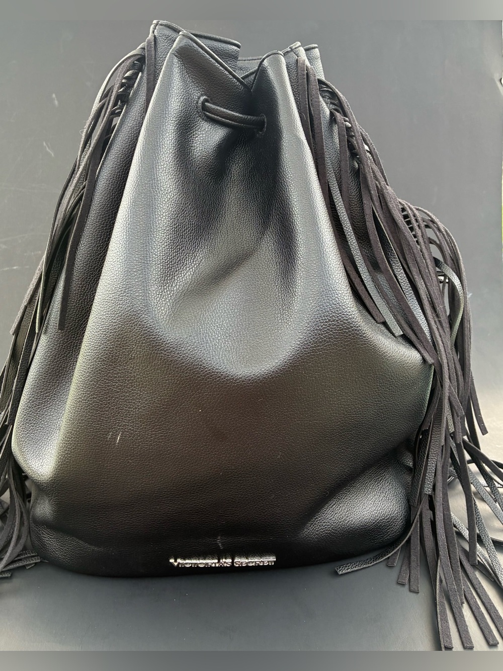 Victoria's Secret Black Leather Fringe Drawstring Hobo